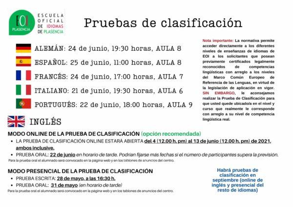 Pruebas de clasificación EOI Plasencia