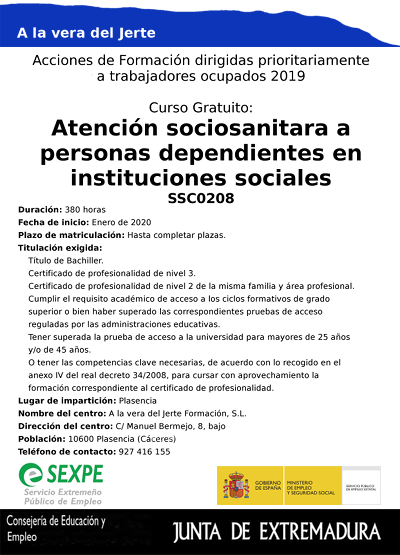 Curso Certificado de Profesionalidad en atención sociosanitaria a personas dependientes en instituciones sociales.